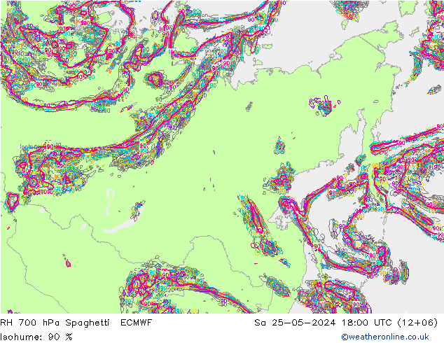 RH 700 hPa Spaghetti ECMWF Sa 25.05.2024 18 UTC