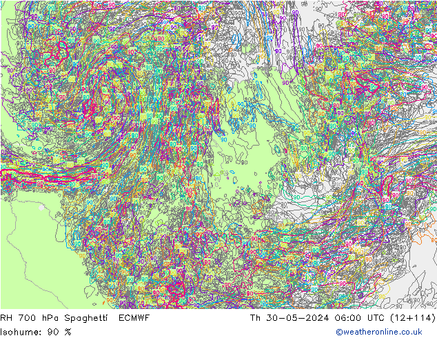 Humidité rel. 700 hPa Spaghetti ECMWF jeu 30.05.2024 06 UTC