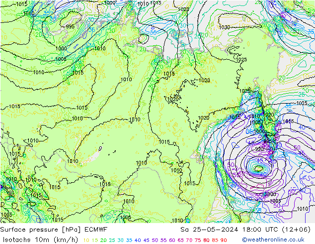 Isotachs (kph) ECMWF Sa 25.05.2024 18 UTC