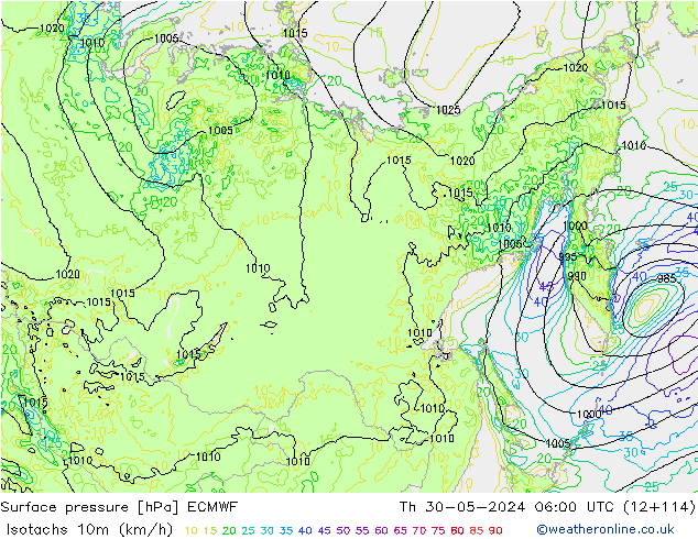 Isotachs (kph) ECMWF jeu 30.05.2024 06 UTC