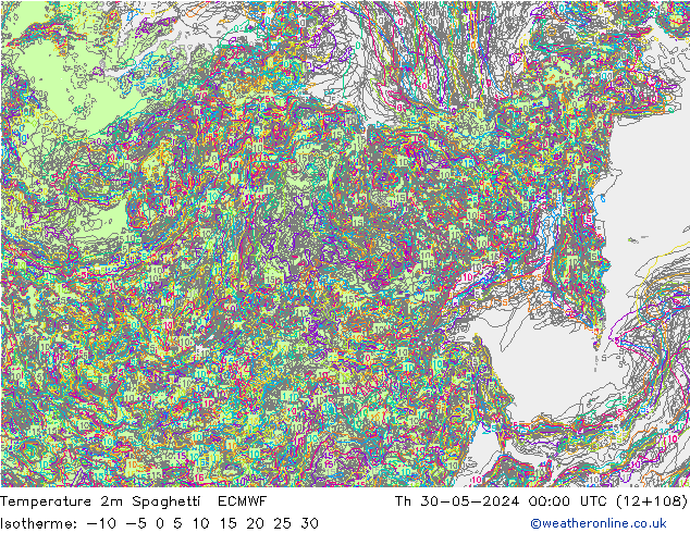 Temperatura 2m Spaghetti ECMWF Qui 30.05.2024 00 UTC