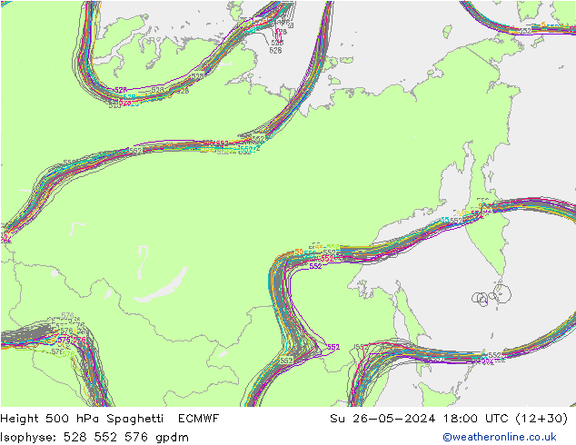 Height 500 hPa Spaghetti ECMWF Su 26.05.2024 18 UTC