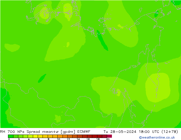 700 hPa Nispi Nem Spread ECMWF Sa 28.05.2024 18 UTC