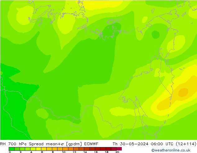 Humidité rel. 700 hPa Spread ECMWF jeu 30.05.2024 06 UTC