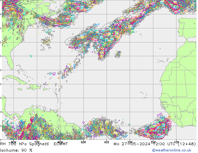 RH 700 hPa Spaghetti ECMWF Mo 27.05.2024 12 UTC