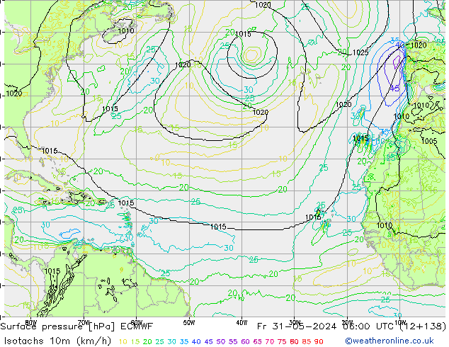 Isotachs (kph) ECMWF ven 31.05.2024 06 UTC