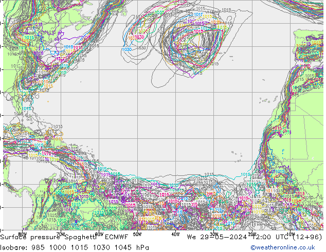 Surface pressure Spaghetti ECMWF We 29.05.2024 12 UTC