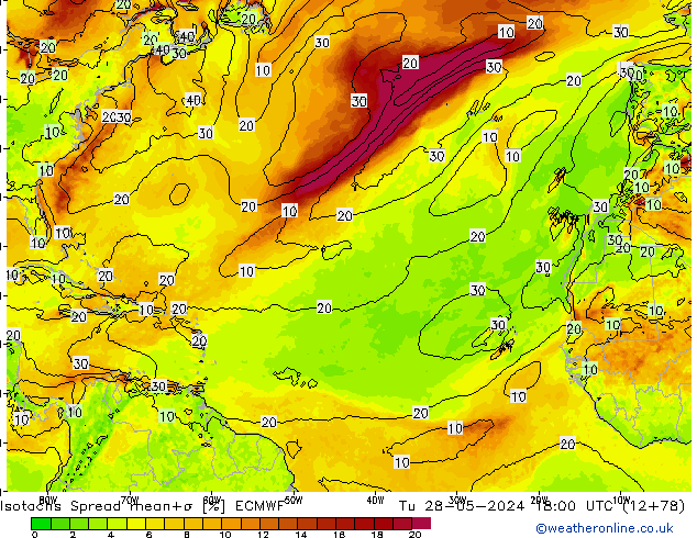 Isotachs Spread ECMWF Út 28.05.2024 18 UTC