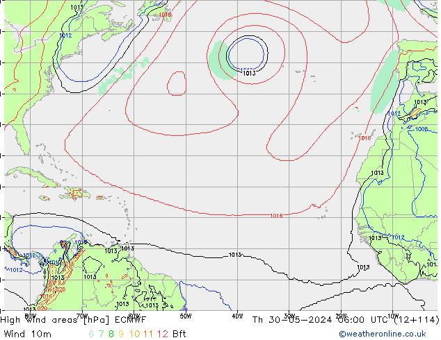 High wind areas ECMWF Čt 30.05.2024 06 UTC