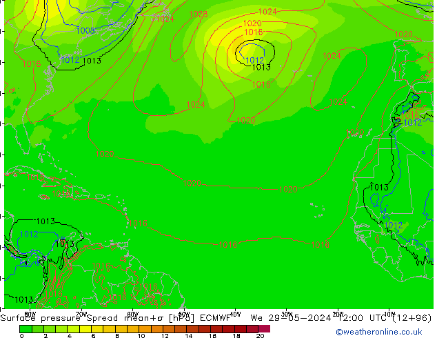 Surface pressure Spread ECMWF We 29.05.2024 12 UTC