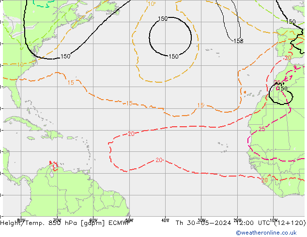 Height/Temp. 850 hPa ECMWF czw. 30.05.2024 12 UTC