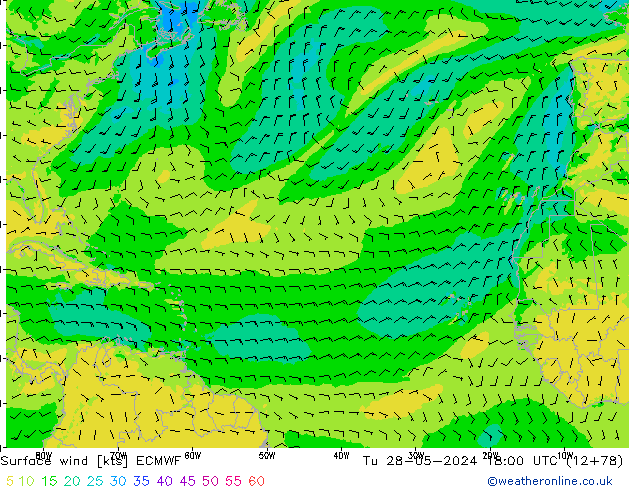 Surface wind ECMWF Út 28.05.2024 18 UTC