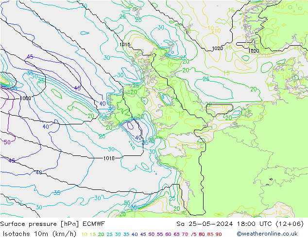 Isotachs (kph) ECMWF sab 25.05.2024 18 UTC