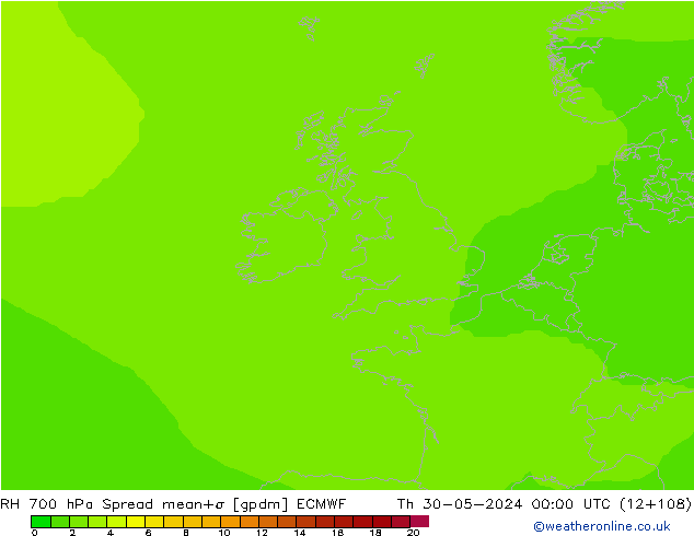 RH 700 hPa Spread ECMWF gio 30.05.2024 00 UTC