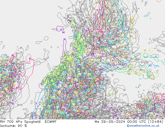 RH 700 hPa Spaghetti ECMWF Mi 29.05.2024 00 UTC