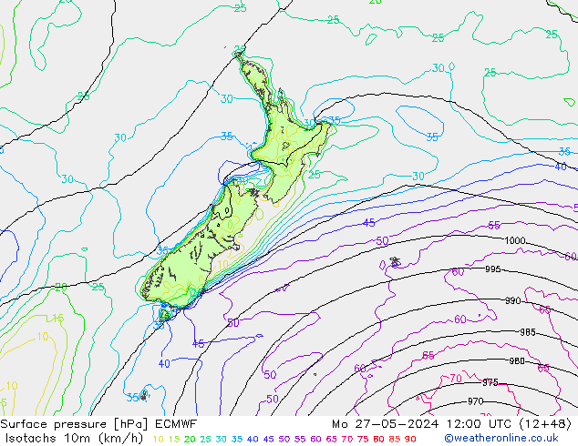 Isotachs (kph) ECMWF  27.05.2024 12 UTC