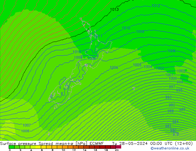 Surface pressure Spread ECMWF Tu 28.05.2024 00 UTC