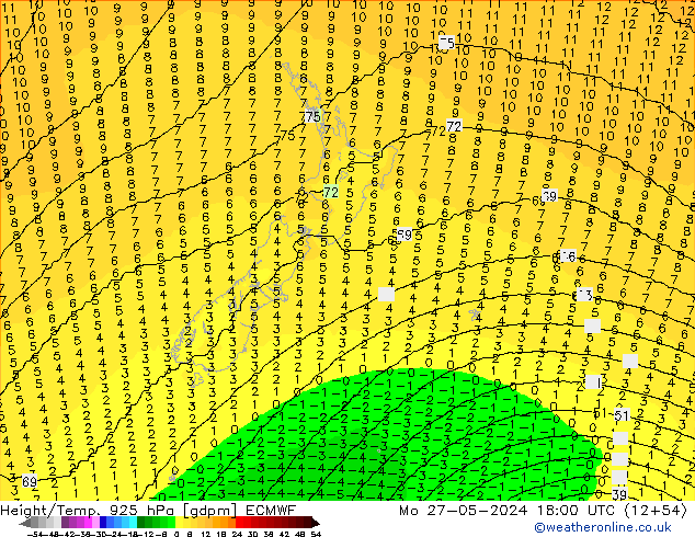 Height/Temp. 925 hPa ECMWF Mo 27.05.2024 18 UTC