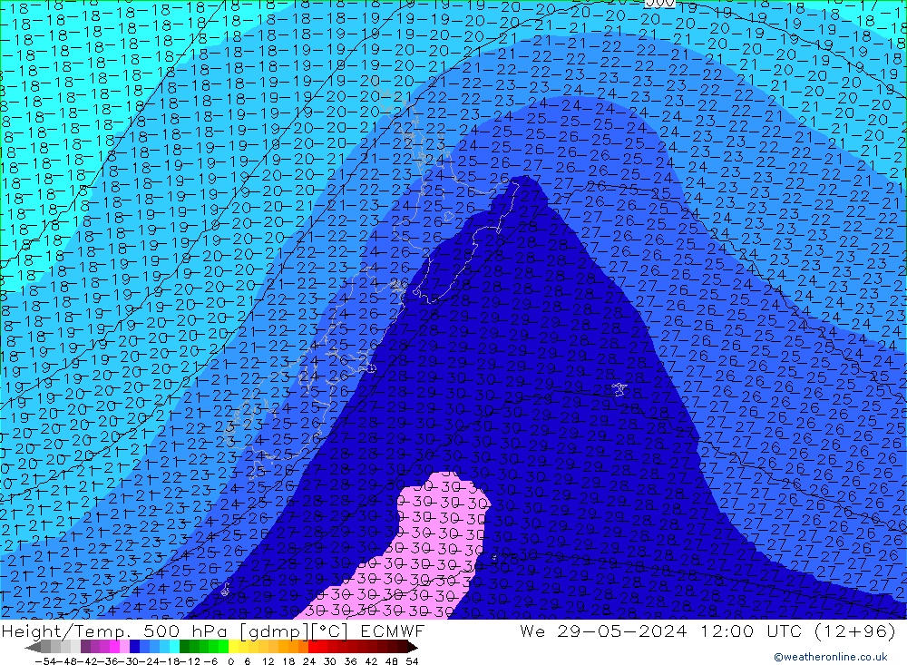 Height/Temp. 500 hPa ECMWF Mi 29.05.2024 12 UTC