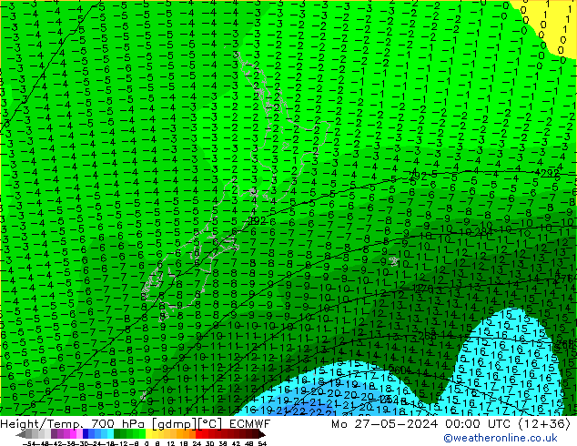 Height/Temp. 700 hPa ECMWF Mo 27.05.2024 00 UTC