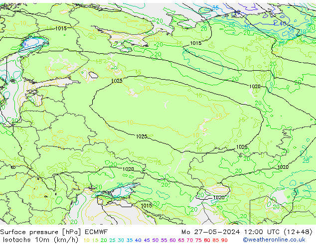 Isotachen (km/h) ECMWF ma 27.05.2024 12 UTC