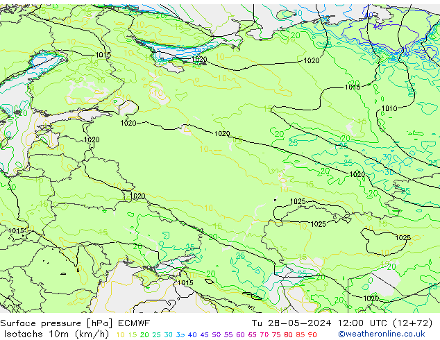 Isotachs (kph) ECMWF Tu 28.05.2024 12 UTC