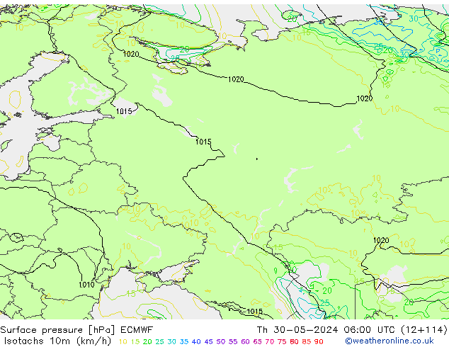 Izotacha (km/godz) ECMWF czw. 30.05.2024 06 UTC