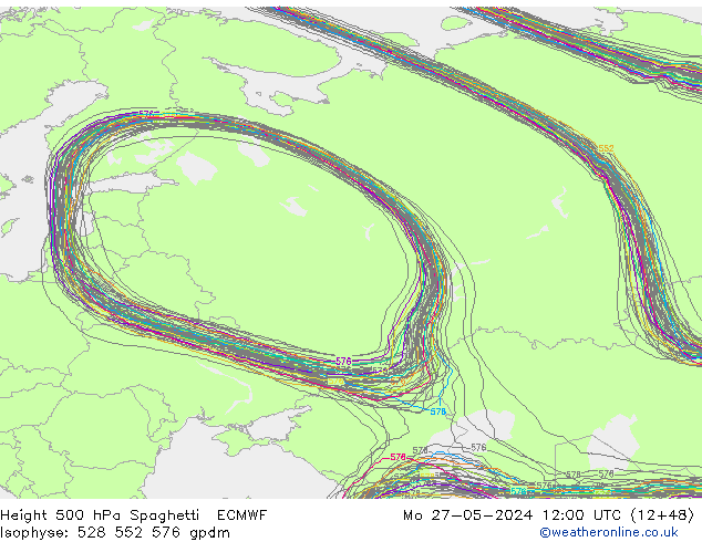 Height 500 hPa Spaghetti ECMWF Mo 27.05.2024 12 UTC