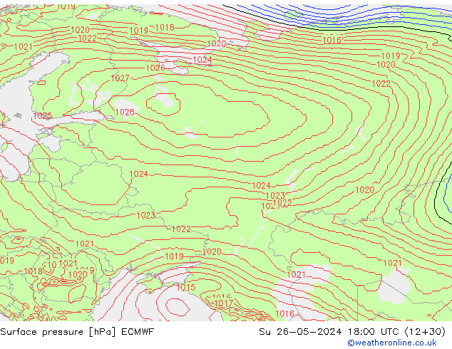 Luchtdruk (Grond) ECMWF zo 26.05.2024 18 UTC