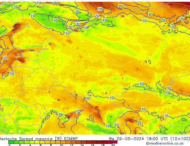 Eşrüzgar Hızları Spread ECMWF Çar 29.05.2024 18 UTC