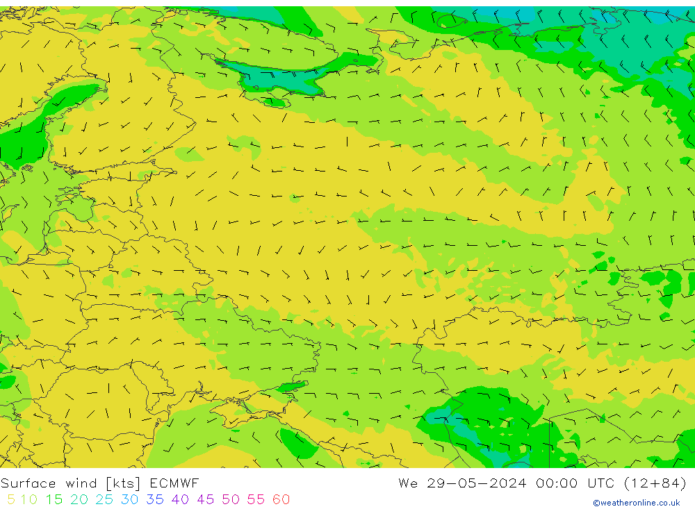 wiatr 10 m ECMWF śro. 29.05.2024 00 UTC