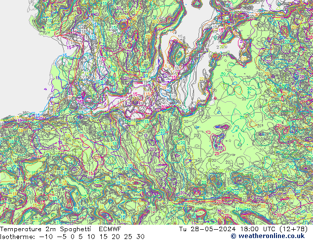 mapa temperatury 2m Spaghetti ECMWF wto. 28.05.2024 18 UTC