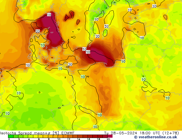 Izotacha Spread ECMWF wto. 28.05.2024 18 UTC