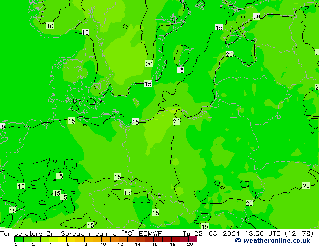 Temperatura 2m Spread ECMWF mar 28.05.2024 18 UTC