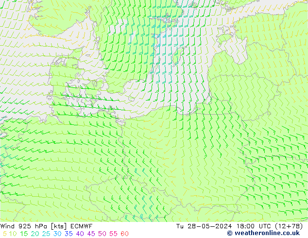 Vento 925 hPa ECMWF mar 28.05.2024 18 UTC