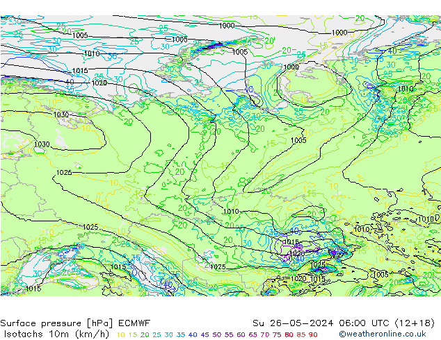 Isotachs (kph) ECMWF  26.05.2024 06 UTC