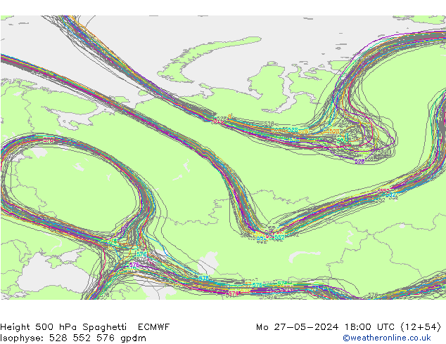 Height 500 hPa Spaghetti ECMWF Mo 27.05.2024 18 UTC