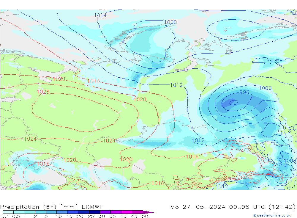 Totale neerslag (6h) ECMWF ma 27.05.2024 06 UTC