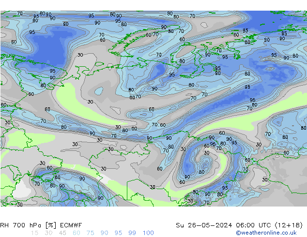 Humedad rel. 700hPa ECMWF dom 26.05.2024 06 UTC