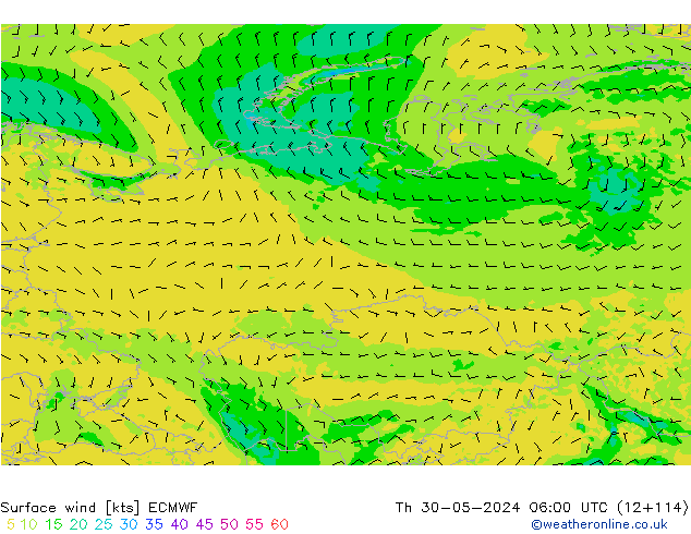 Vento 10 m ECMWF gio 30.05.2024 06 UTC