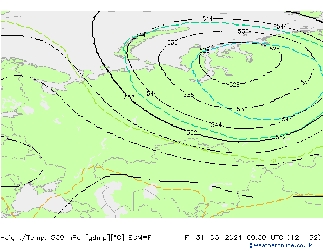 Hoogte/Temp. 500 hPa ECMWF vr 31.05.2024 00 UTC