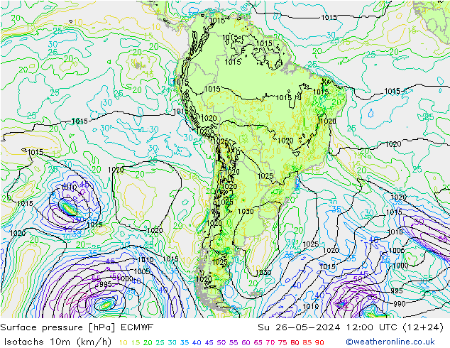 Isotachs (kph) ECMWF Su 26.05.2024 12 UTC