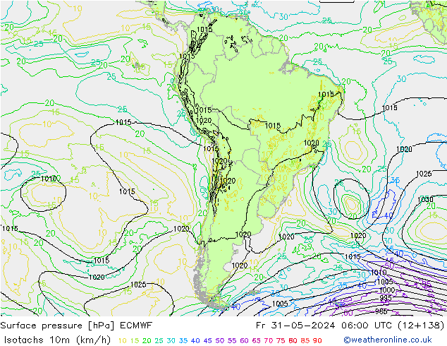 Isotachs (kph) ECMWF ven 31.05.2024 06 UTC