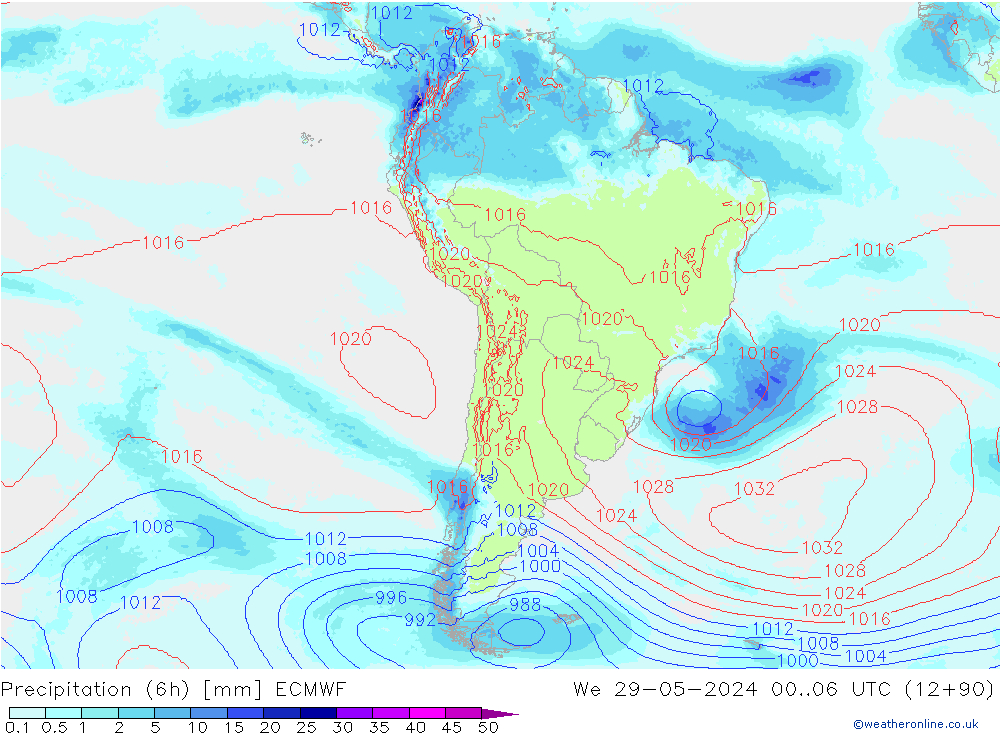 Totale neerslag (6h) ECMWF wo 29.05.2024 06 UTC