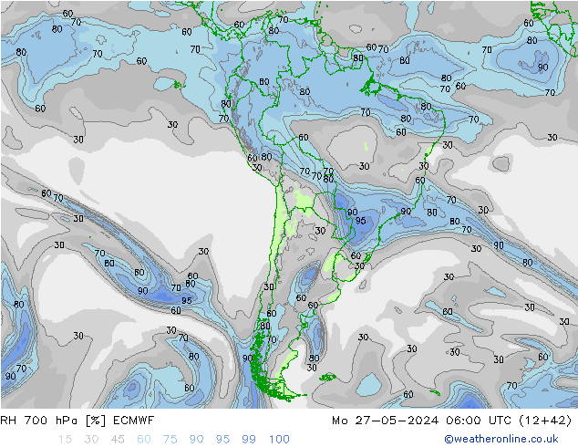 RH 700 hPa ECMWF pon. 27.05.2024 06 UTC