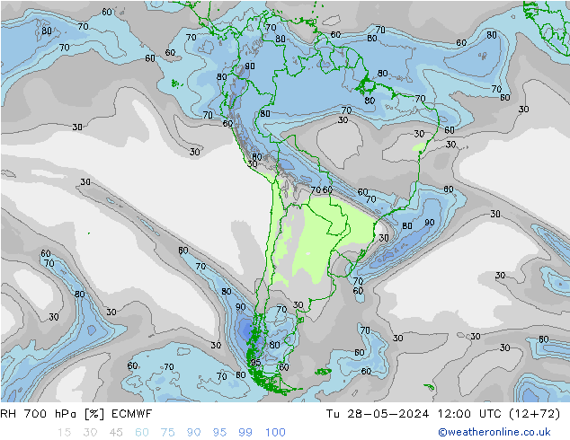 RH 700 hPa ECMWF Út 28.05.2024 12 UTC