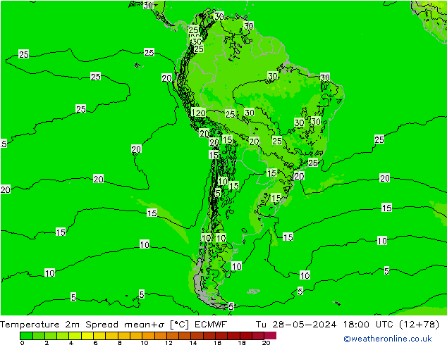 Temperaturkarte Spread ECMWF Di 28.05.2024 18 UTC