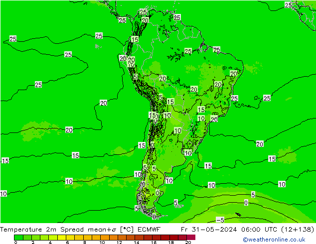 Temperature 2m Spread ECMWF Fr 31.05.2024 06 UTC