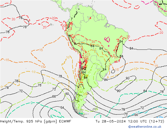 Height/Temp. 925 hPa ECMWF Tu 28.05.2024 12 UTC