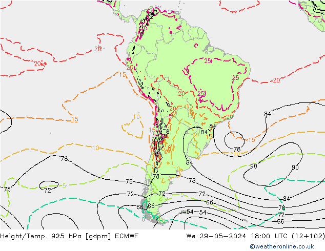 Height/Temp. 925 hPa ECMWF śro. 29.05.2024 18 UTC